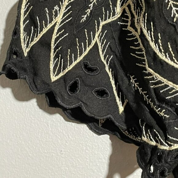 Anthropologie Maple Odd Rubies Blouse Women Sz 8 Black Embroidery Leaf Wide Boho - Picture 6 of 12